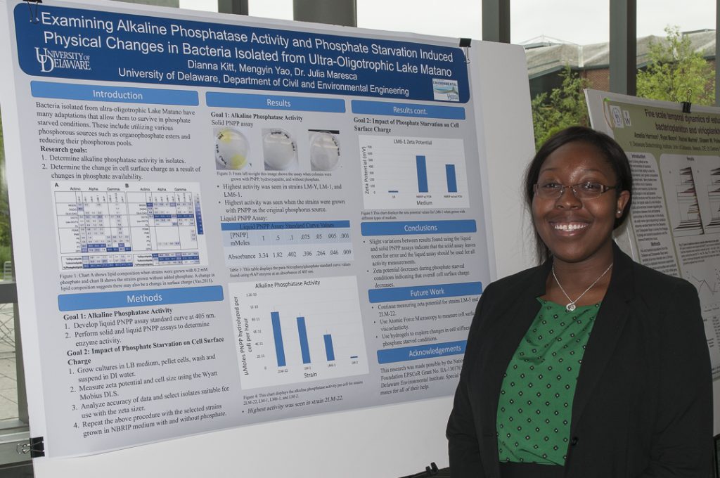 Photo of a young woman standing in front of her research poster 