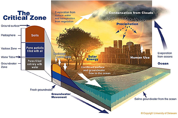 A diagram of the critical zone and the biogeochemical processes within it